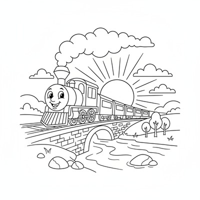 Tåg i solnedgång över en flod