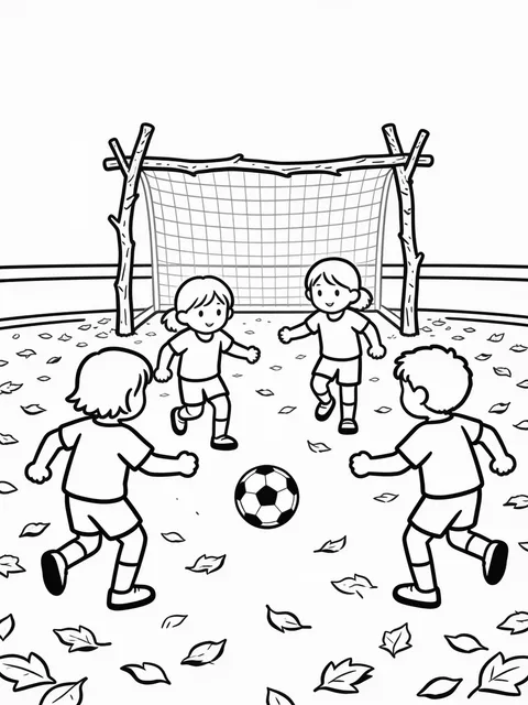 Barn spelar fotboll bland fallna löv