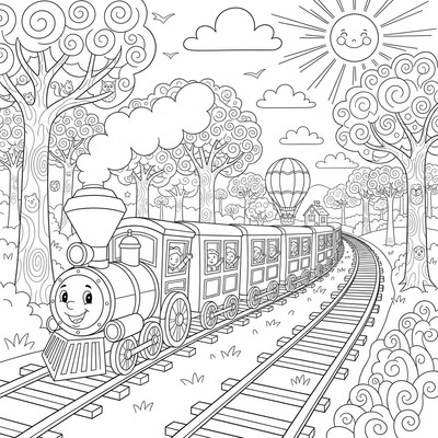 Tåg genom skog med många vagnar