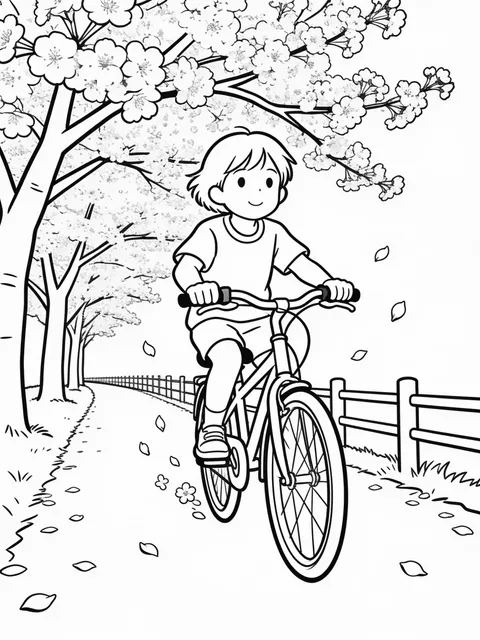 Barn cyklar under blommande körsbärsträd