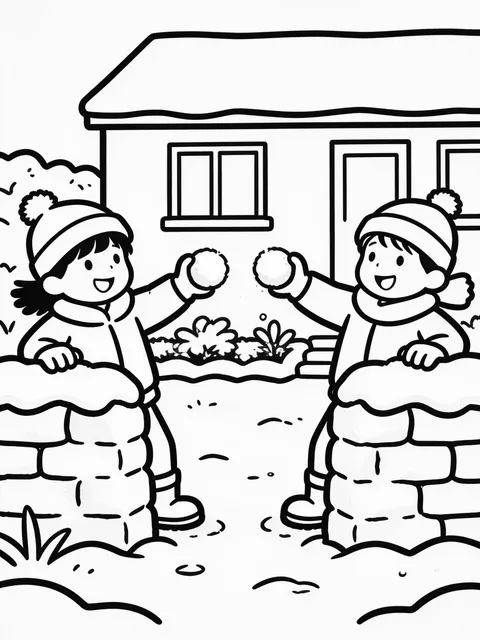 Barn har snöbollskrig i trädgården