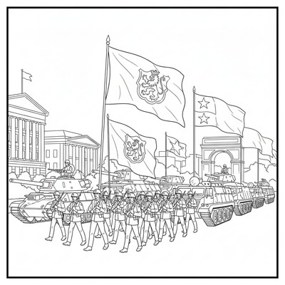 Militärparad med fordon, soldater och flaggor