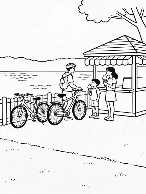 Cyklister tar en glasspaus vid sjön