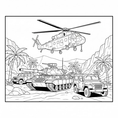 Militärfordon i ökenlandskap med helikopter ovanför