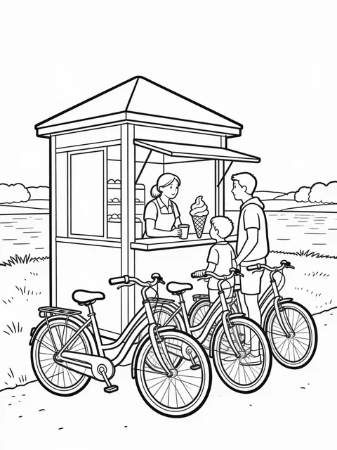 Familj stannar vid glasskiosk på cykeltur