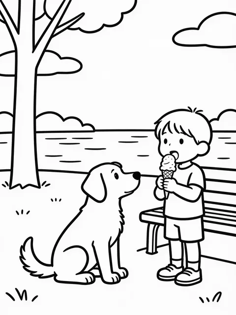 Hund tittar på barn med glasspinne i parken