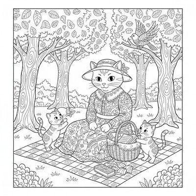 Kattfamilj vid en picknickfilt i parken: kattmamma, två kattungar, korg, träd och fågel i bakgrunden