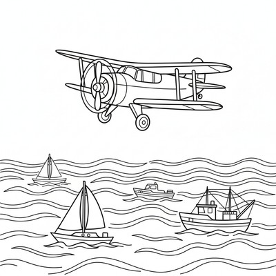 Flygplan över hav med båtar nedanför