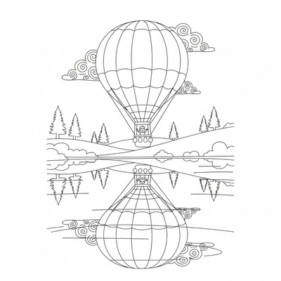 Luftballong över sjö med reflektion i vattnet