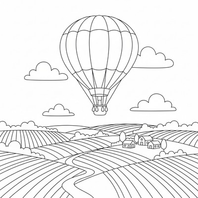 Luftballong över landsbygd med åkrar