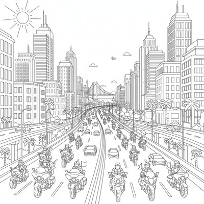 Motorcykelkonvoj på motorväg i storstad