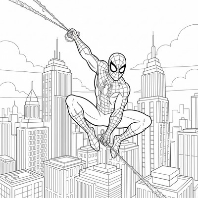 Spiderman som svingar sig mellan skyskrapor