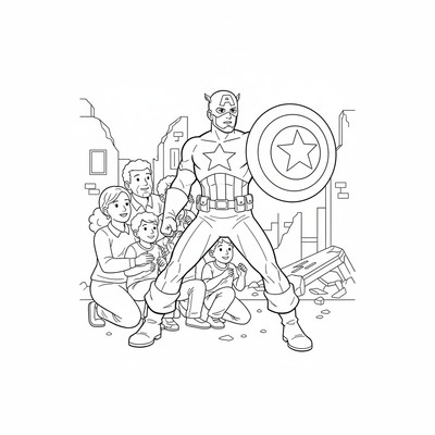 Captain America som skyddar en grupp människor