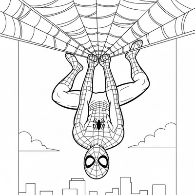 Spiderman som hänger upp och ner i sitt nät