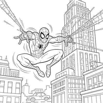 Spiderman som kastar ut nät mot en byggnad