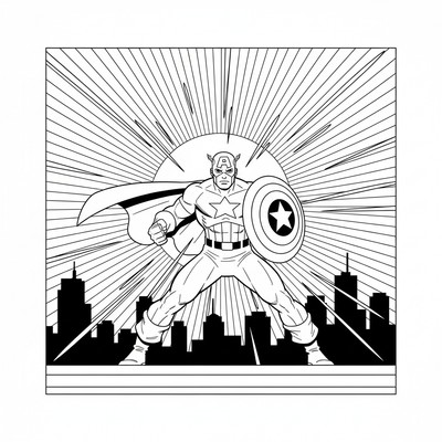 Captain America framför en stad i solnedgång