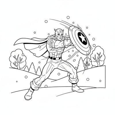 Captain America i snöig miljö med skölden framför sig