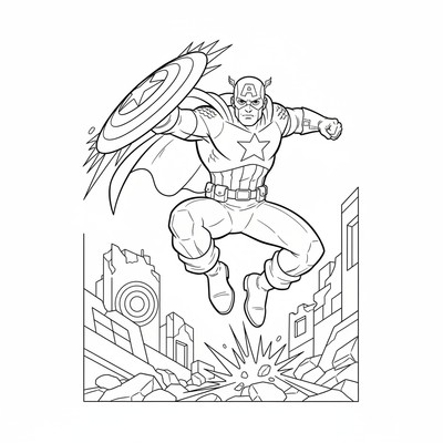 Captain America som hoppar genom luften