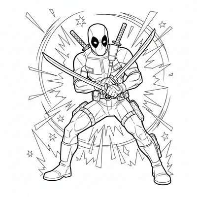 Deadpool som poserar med två svärd