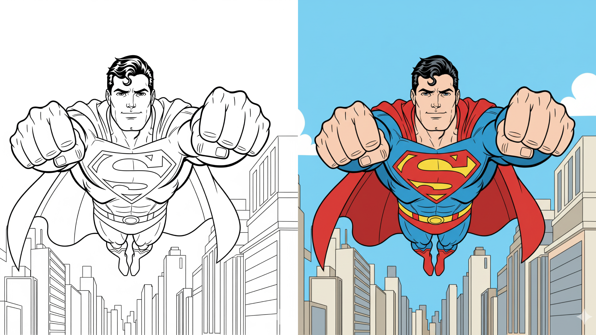 Färglägga målarbild - Superman svartvit och färgad