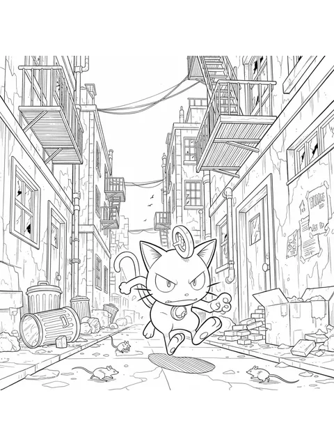 Meowth springer genom en mörk gränd
