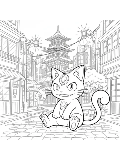 Meowth sitter på en gata i stadens ljus