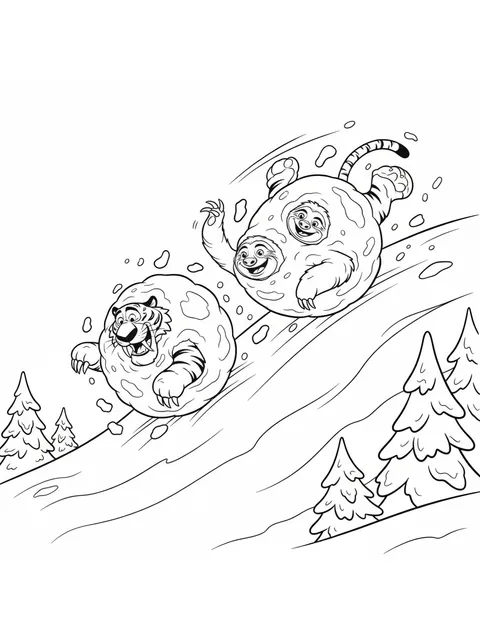 Ice Age – Diego och Sid rullar nerför en backe täckta av snö.