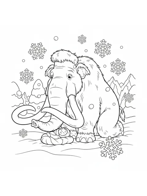 Ice Age – Manny skyddar en liten människobebis i snön.