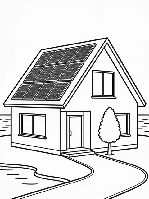 Målarbild: Hus med solpaneler på taket