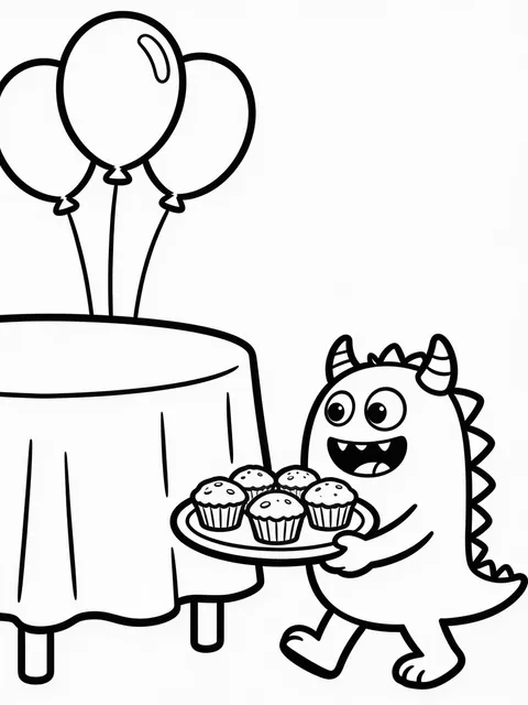 Målarbild: Monster bär en bricka med muffins