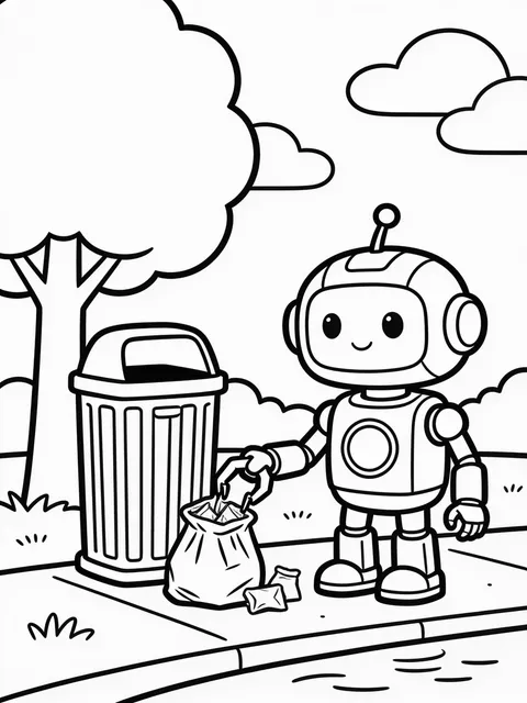 Målarbild: Robot plockar skräp i parken