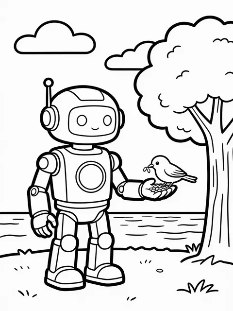 Målarbild: Robot matar fåglar direkt ur handen