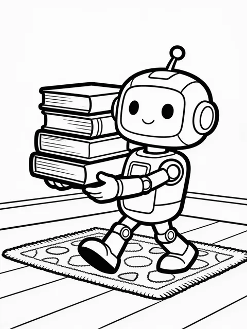 Målarbild: Robot balanserar böcker och går
