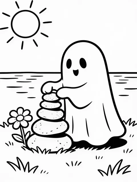 Målarbild: Spöke bygger ett stentorn på gräsmattan