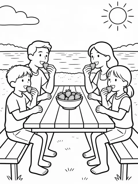 Målarbild: Familjen äter jordgubbar vid ett långbord utomhus