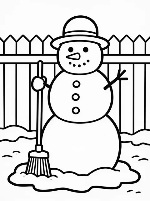 Målarbild: Snögubbe håller en kvast i handen