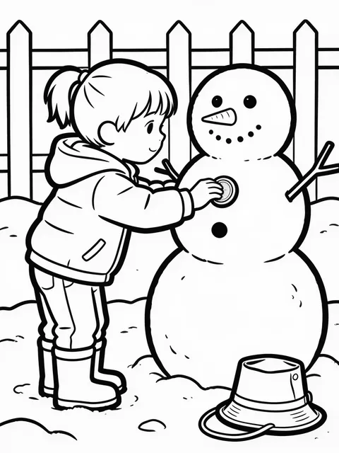 Målarbild: Barn sätter sista knappen på snögubben
