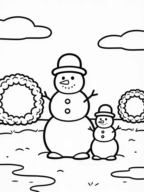 Målarbild: Liten och stor snögubbe sida vid sida