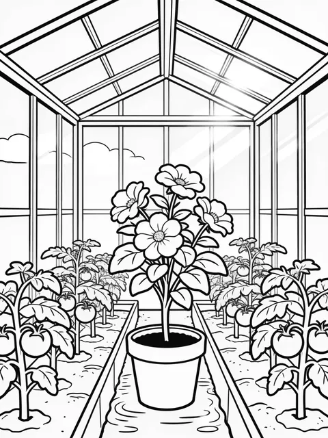 Målarbild: Blomma bredvid tomatplantor i växthus