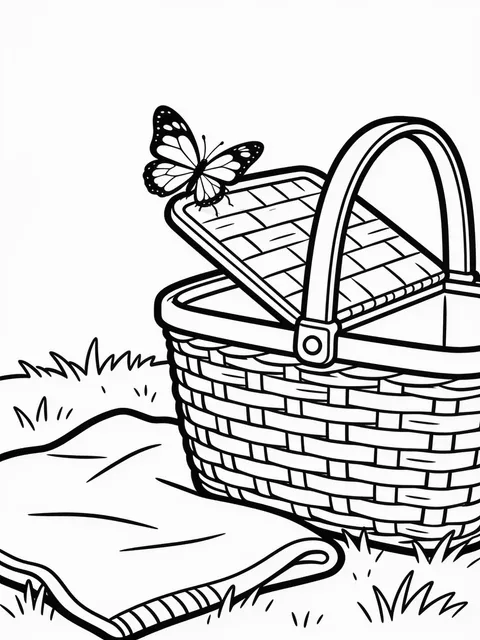 Målarbild: Fjäril sitter på locket till en picknickkorg