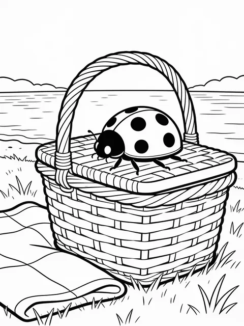 Målarbild: Nyckelpiga sitter på locket till en picknickkorg