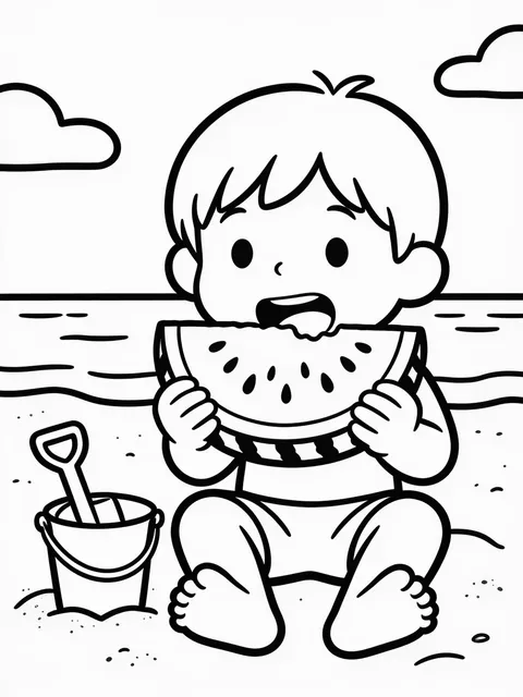 Målarbild: Barn äter en skiva vattenmelon på stranden