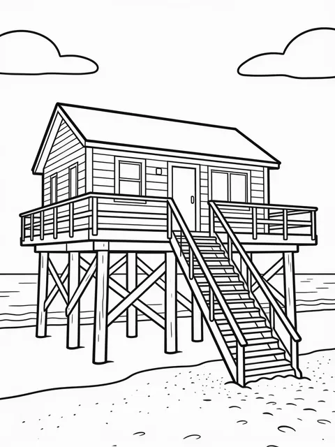 Målarbild: Hus på pålar vid stranden