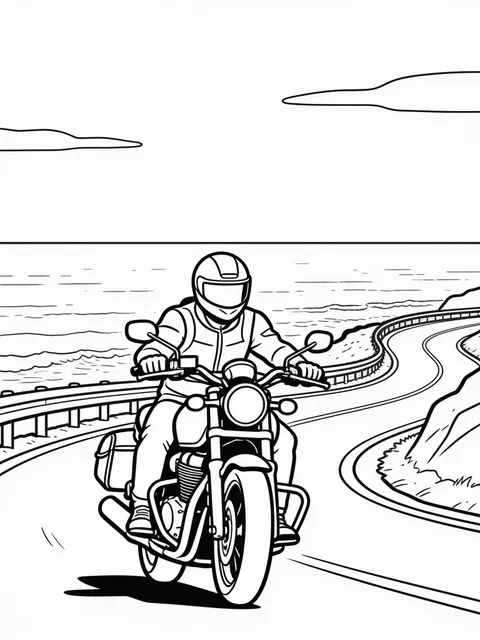Målarbild: Motorcykel kör längs en kustväg