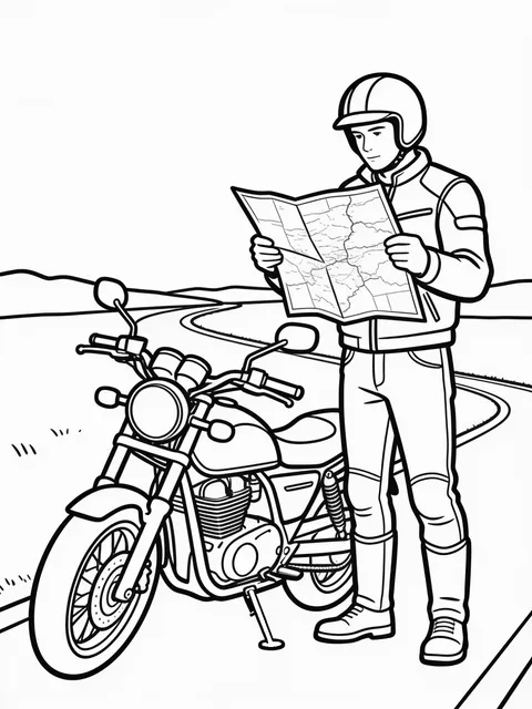Målarbild: Motorcyklist läser en karta vid vägkanten