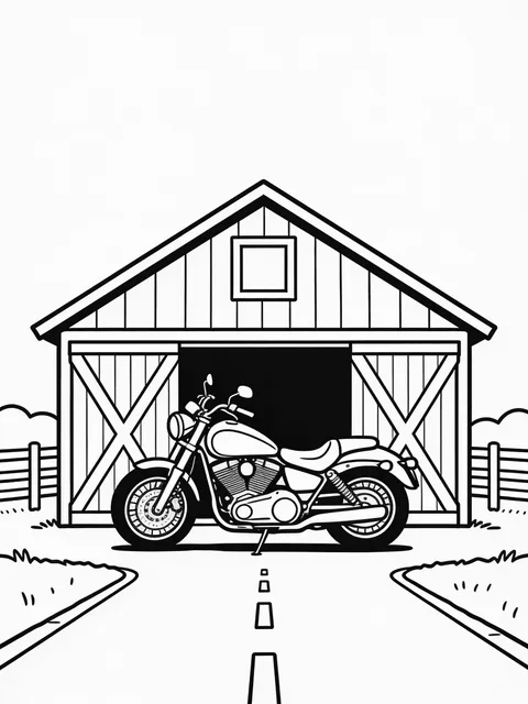 Målarbild: Motorcykel utanför ett litet stall
