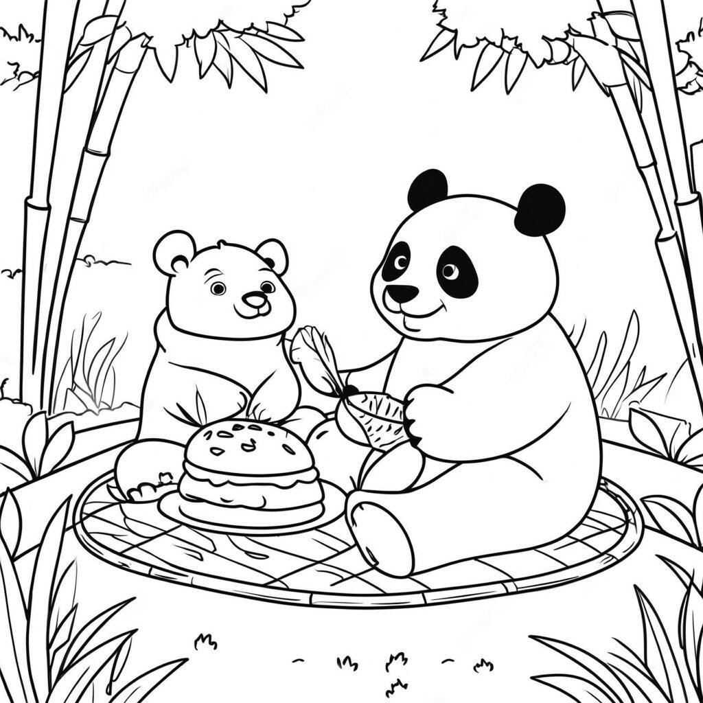 Panda och björn på picknick i bambuskog